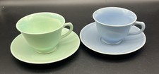 2 Sets of LuRay Pastels Footed Cup & Saucers 1 Blue & 1 Green Made in USA