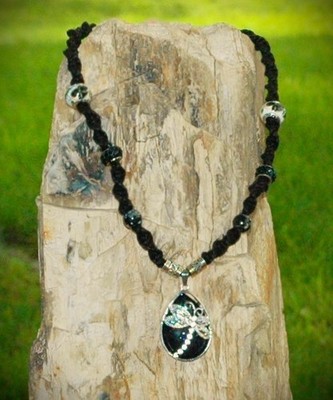 Black Teardrop Dragonfly Silver Toned Pendant on Black Hemp Necklace 18''