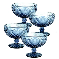 STPGOODS DESSERT BOWL Set of 4 Vintage Style Glass Stemmed Bowl Set in Blue