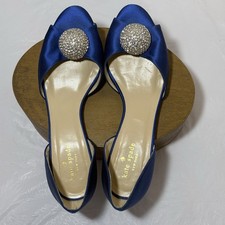 Kate Spade New York Blue Satin Peep Toe Pumps Crystal Accent Mid Heel Sz 8