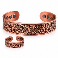 Tree of Life Copper Therapy Bracelet Magnetic Pure Copper Cuff and Ring...