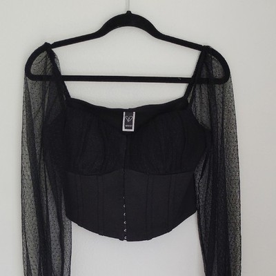 Windsor Womens Black Sheer Mesh Corset Babydoll Crop Top Sz M Fairy Grunge Goth