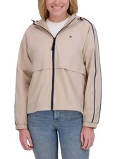 Chaqueta cortavientos Tommy Hilfiger para mujer marrón dobladillo alto-bajo forro de malla grande