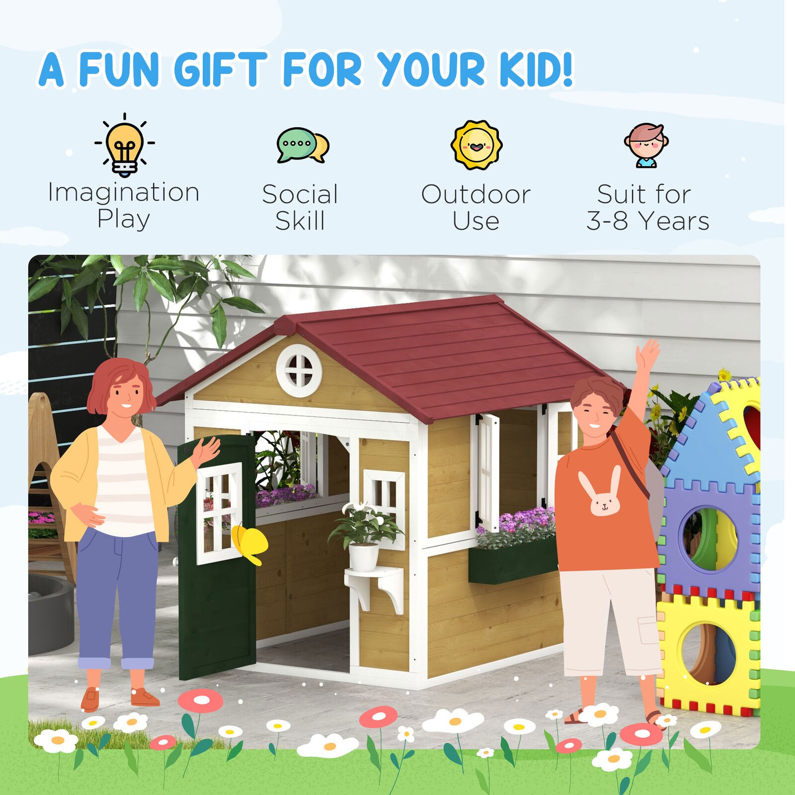 Playhouse for Kids with Doors Windows Planter Pots and Boxes