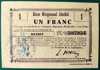 Billet NECESSITE 1 Franc BRU de BRISSY 1916/18 ( AISNE)