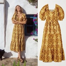 Anthropologie Faithfull Linen Dress Yellow Snake Print Sz SMALL 4 Missing belt