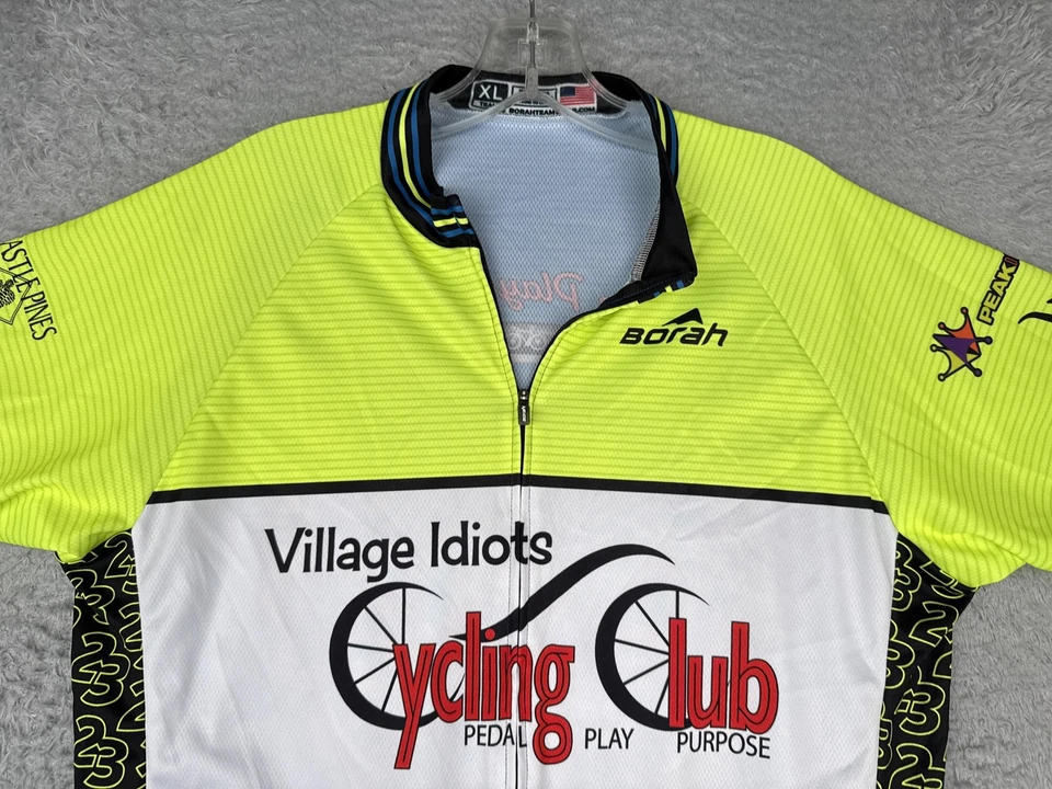 Borah Village Idiots 自行车俱乐部自行车球衣男式 XL 黄色蓝色全拉链美国 — 第 4/4 张图片