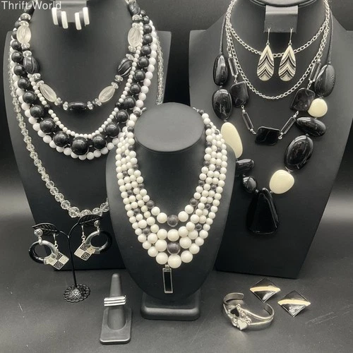 Vintage & Modern Black & White Silver Tone Costume Jewelry Lot of 16