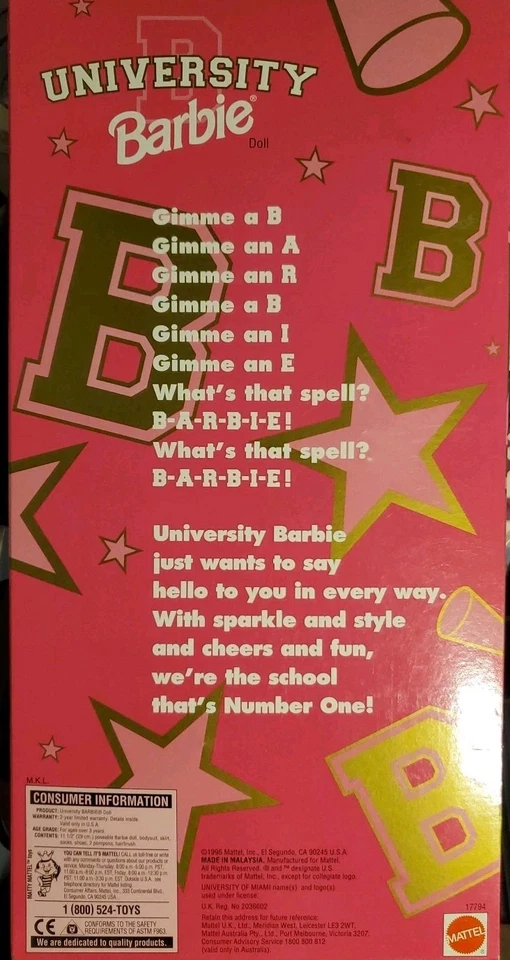 Barbie University Of Miami Cheerleader 1996 Mattel Vintage NIB  - Image 2 of 4