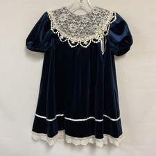 Vintage Bonnie Jean Girls 5 Blue Velvet Party Dress Lace Collar Trim Holiday