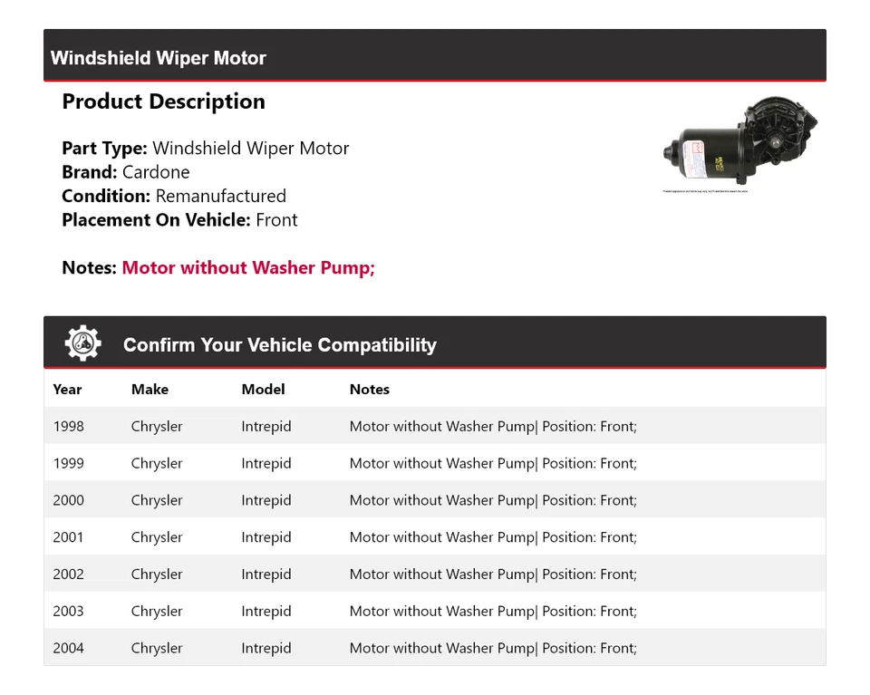 Motor limpiaparabrisas delantero cardone 1999 2000 Chrysler Intrepid 1998-2004 Foto 2 de 4