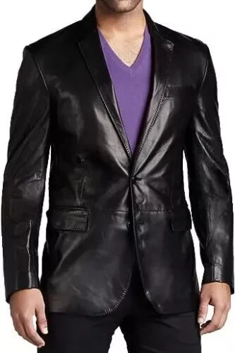 Classic Men's Genuine Soft Lambskin Pure Leather Blazer Two Button Coat Blazer