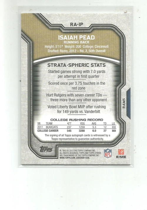 2012 TOPPS STRATA ROOKIE AUTOGRAPHS BLUE #RAIP ISAIAH PEAD 63/75 - Image 2 of 2