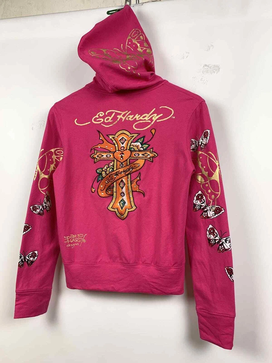 Women s Vintage Ed Hardy Rhinestones Rare Pink Hoodie Made In USA Size S
