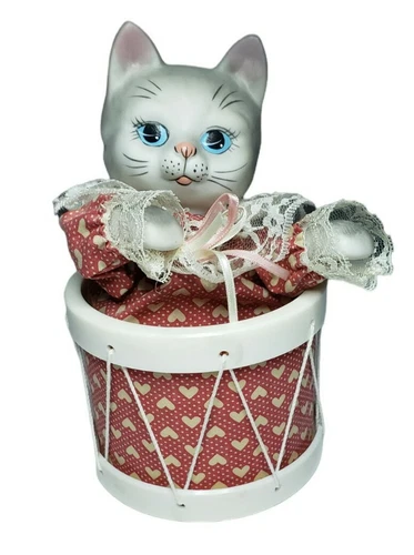 Porcelain Grey Kitty Cat w Blue Eyes In Red Heart Drum Music Box 