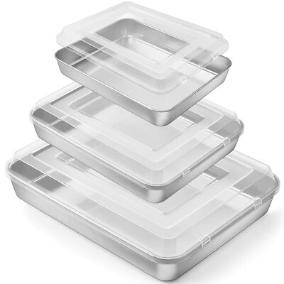 Stainless Steel Baking Pan Set, P&P CHEF Rectangle Cake Pan with Lid, 12.3/10.5/