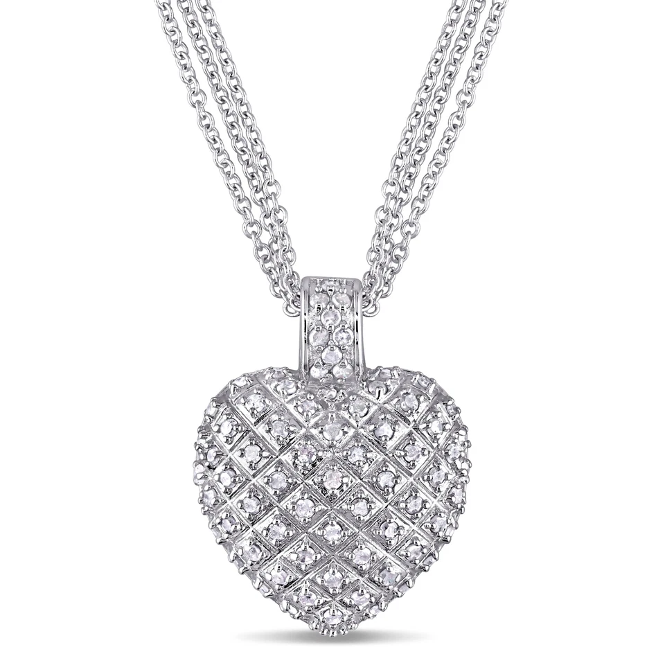 Collar de triple hebra con corazón de diamantes TDW de plata de ley Amour de 1 quilate