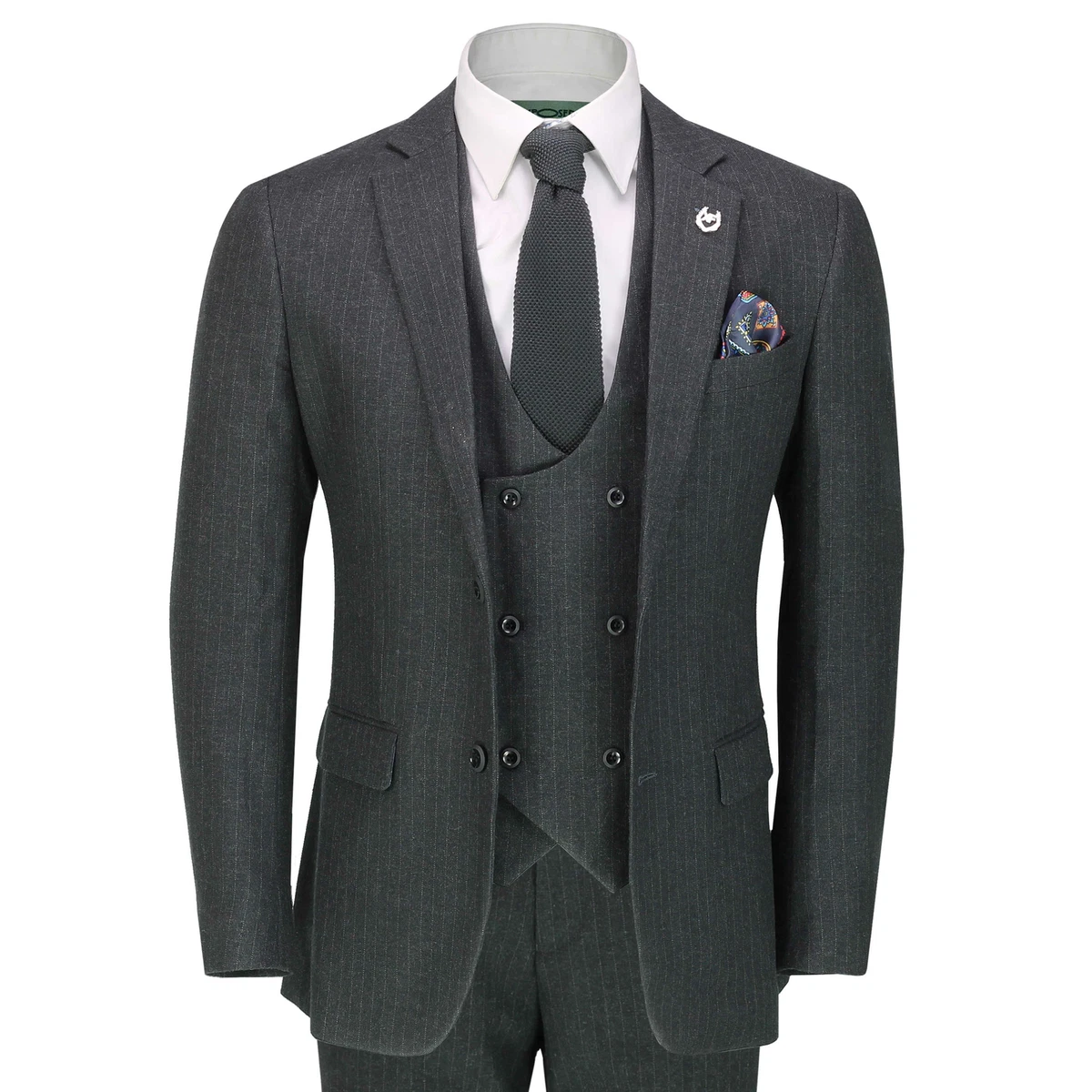 Men s 3 Piece Grey Pinstripe Suit Classic Tailored Fit Jacket Waistcoat Trouser