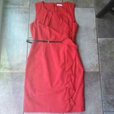 Calvin Klein Women Red Sheath Dress Back Slit Ruffle Belted Preppy Work Holiday