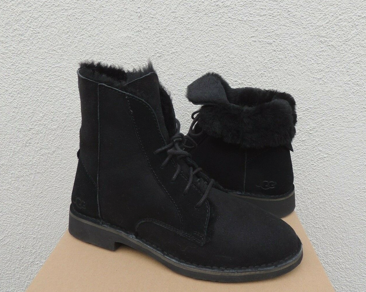 UGG QUINCY BLACK SUEDE/ SHEEPSKIN WINTER ANKLE BOOTS, WOMEN US 6/ EUR 37  ~NEW