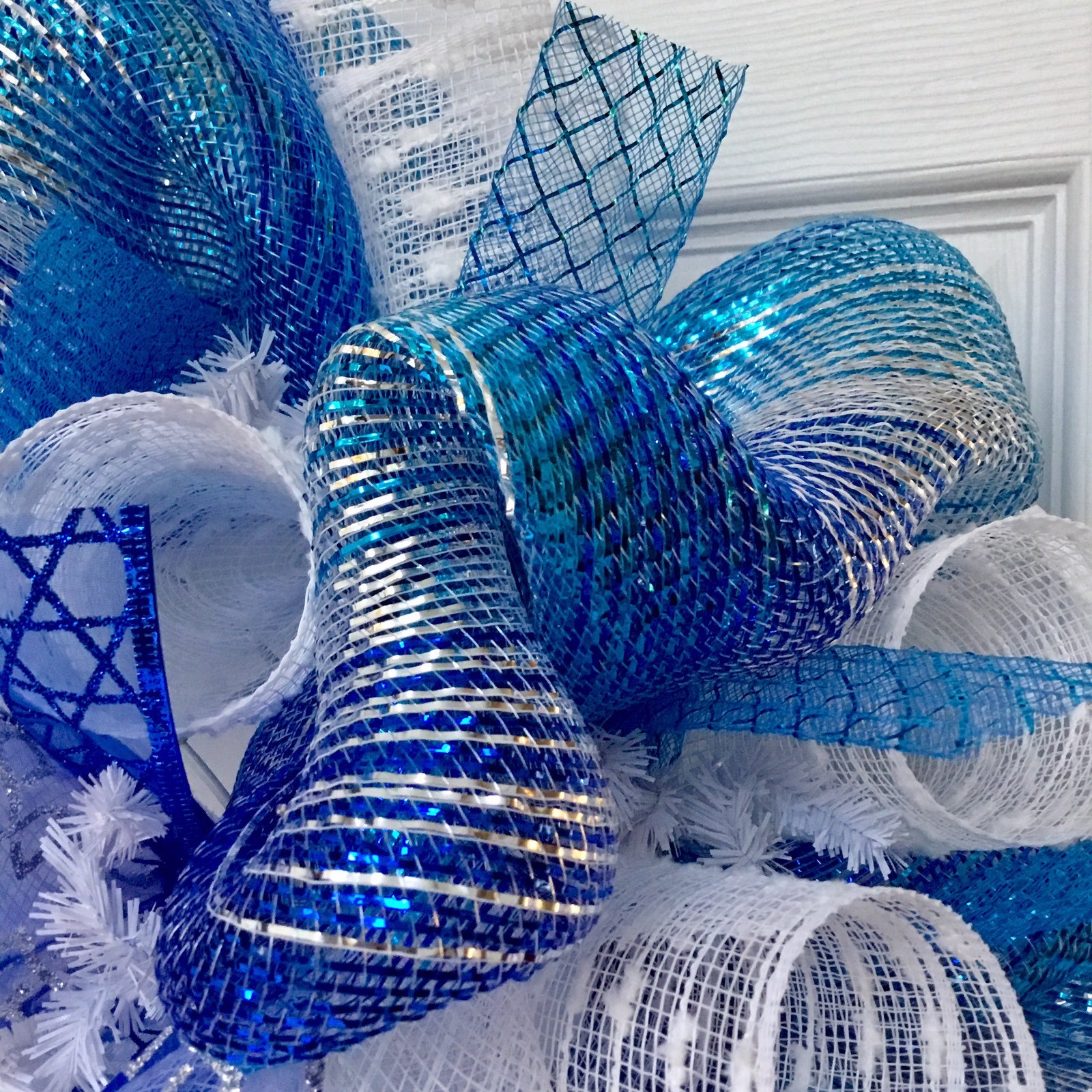 Glittering Silver And Blue Hanukkah Deco Mesh Ribbon Wreath eBay