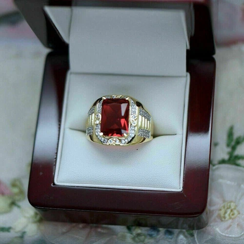 3Ct Emerald Cut Red Garnet & Diamond Men's Wedding Ring 14k Yellow Gold Over