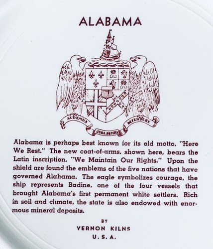 Vernon Kilns ALABAMA STATE Red Transferware Embossed Ironstone Plate NEW - Picture 8 of 8