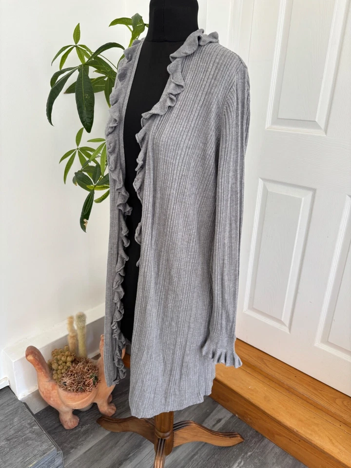 M&S Per Una Long Length Cardigan Women's Size 16 Grey Ribbed Frill Open Front — 第 3/4 张图片