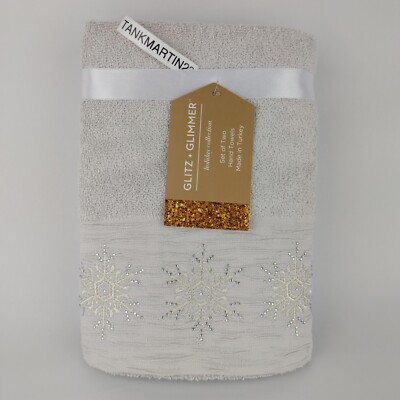 Glitz + Glimmer Christmas Snowflake Embroidered Bathroom Hand Towels Silver