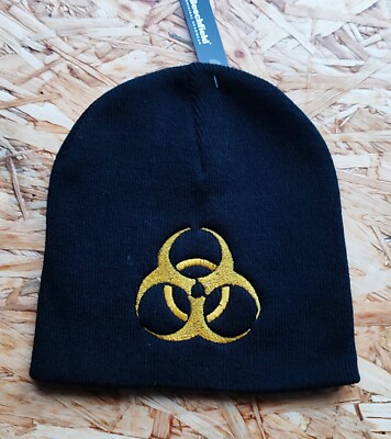 BIO HAZARD Radio Active schwarze Beanie Logo bestickt Goth Rave Mütze KOSTENLOSER VERSAND