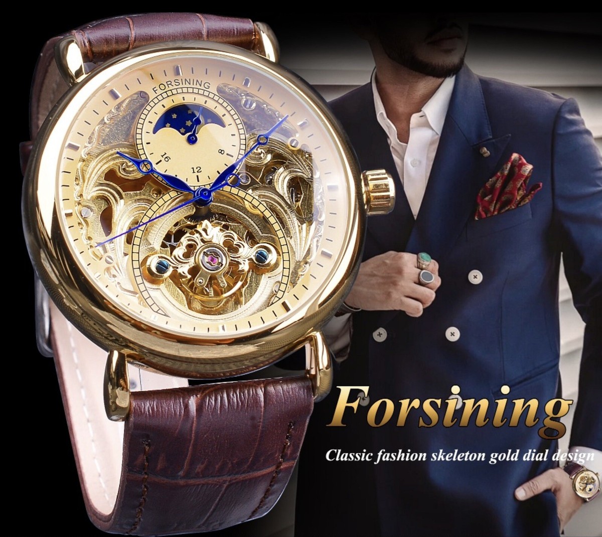 FORSINING Orologio Meccanico Automatico Uomo – Quadrante Scheletro Cielo Stellato E Fasi Lunari – Luminoso, Cinturino In Pelle/silicone