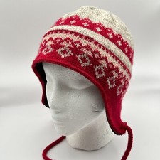 Vtg Beanie Ski Hat Red Beige Fair Isle Wool Cap Nordic Ear Flap Winter Apres