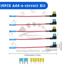 15Pcs 12V Car Add-a-circuit Fuse Tap Adapter Holder Kit w/Mini 15Amp Blade Fuse