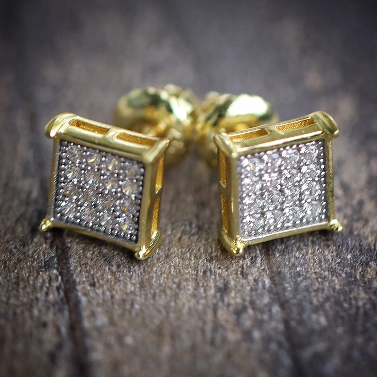 Mens Small Gold Plated Square Hip Hop Iced Cz Screw back Stud Earrings