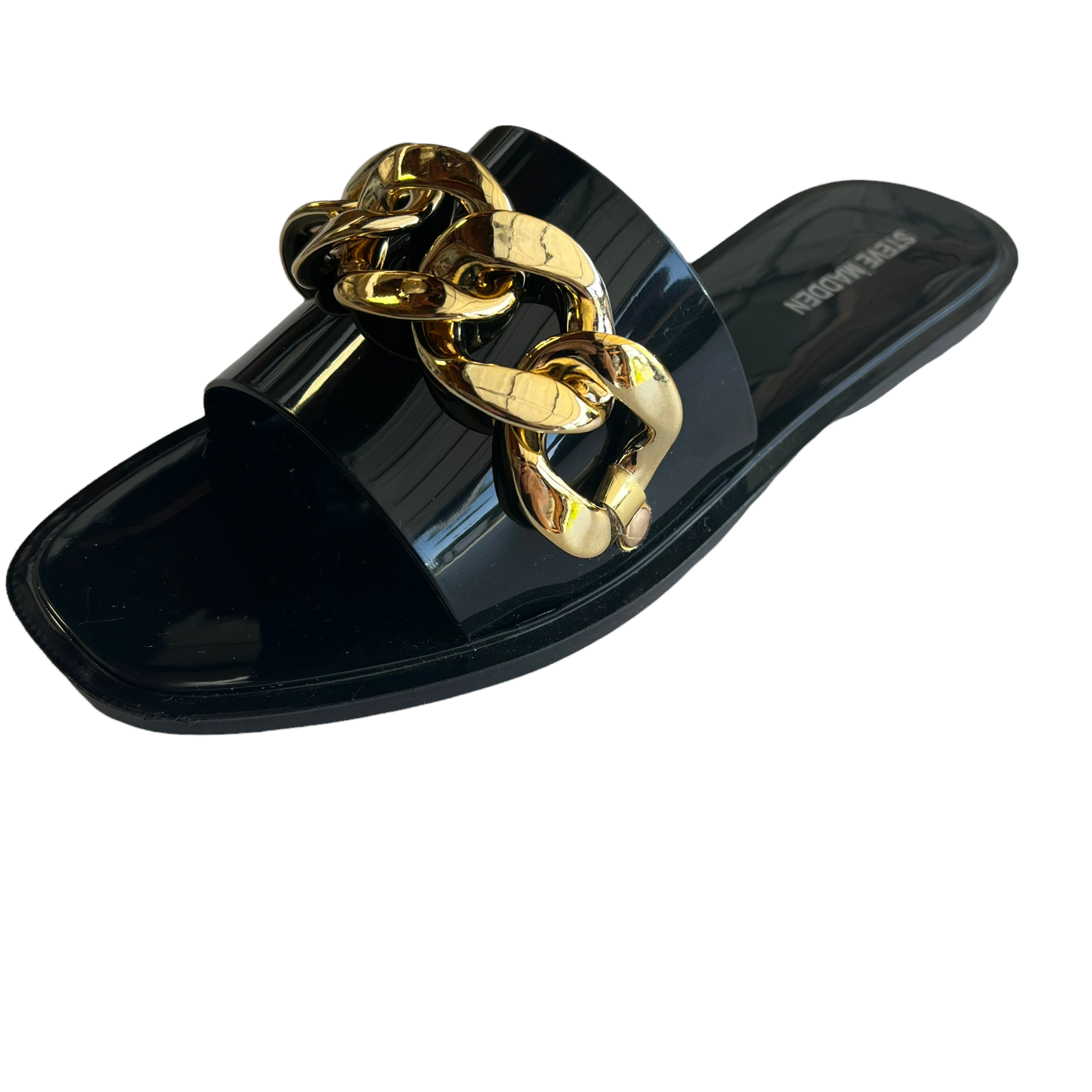 Steve Madden Zoray Quilted Black Slides with Gold Chain Accent | eBay