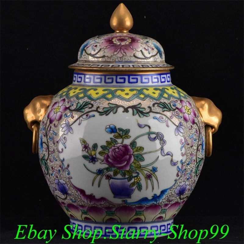 Tarro de 2 orejas de porcelana dorada con patrón de flores rosa familiar con marca Qianlong Foto 3 de 4