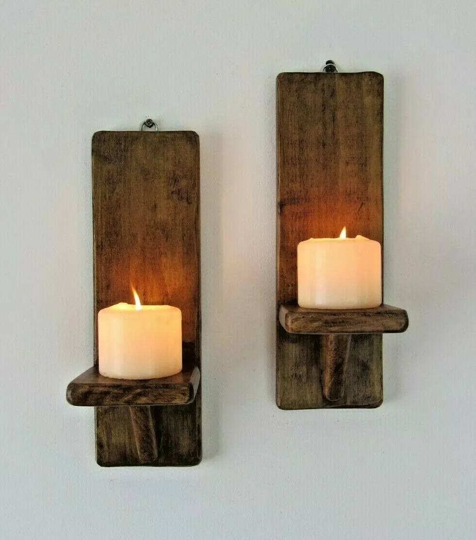 Pair of 30cm recycled wood wall sconces led candle holders eBay