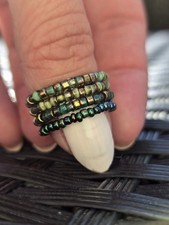 Beaded Stretch Elastic Stacking Green Tone Rings Set Of 4