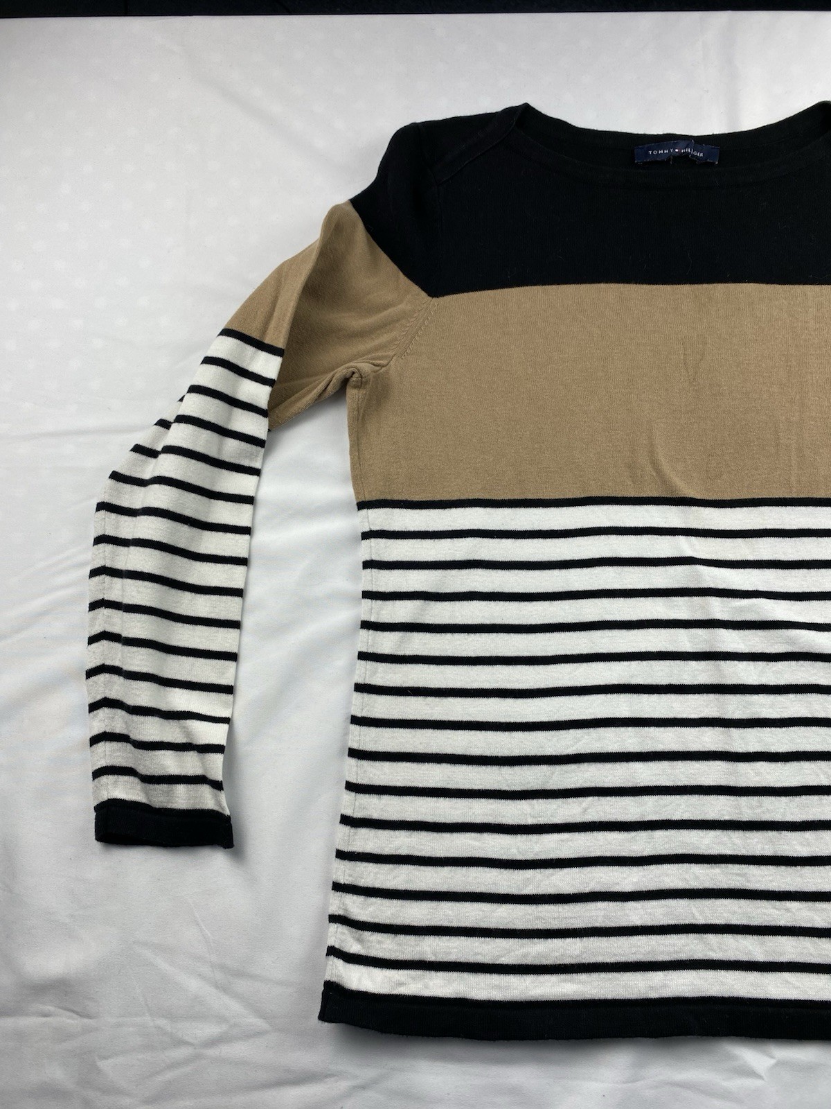 Ladies Tommy Hilfiger Striped Jumper Size Large (uk12) Black / White / Camel  thumbnail 3