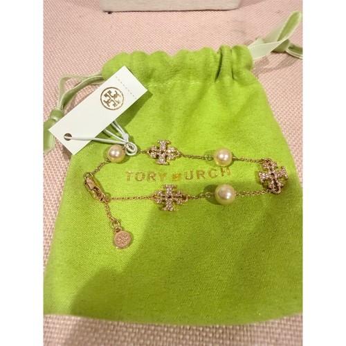 Tory Burch Kira Pearl Chain Bracelet rose gold CZ Logo Adjustable Pouch gift - Picture 3 of 4
