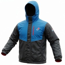Dominos Pizza Gear Jacket Medium Blue Black Hooded Employee Uniform Windbreaker