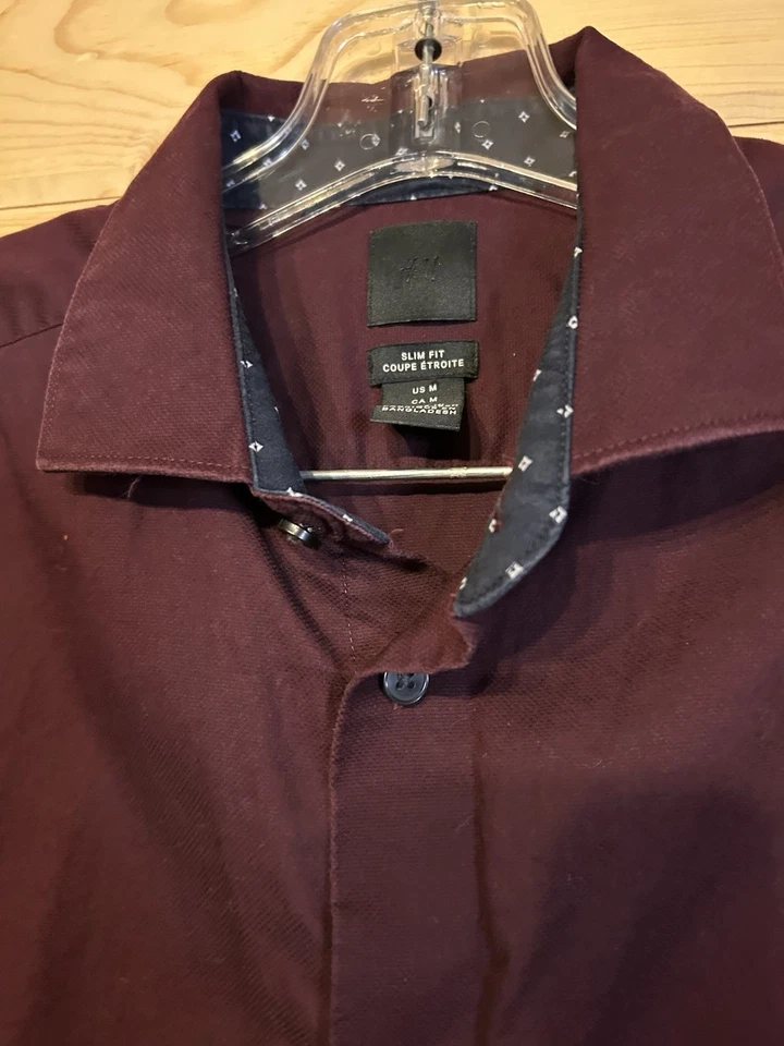 H&M Men’s Slim Fit Shirt Medium Burgundy Cotton Long Sleeve Button Front Casual - Image 4 of 4