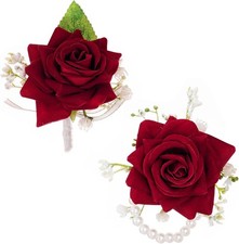 Wrist Corsage and Boutonniere Set Dark Red Rose Maroon Artificial Flower 2 Pcs