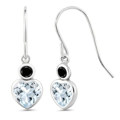14K White Gold Aquamarine and Black Diamond Drop French Wire Earrings For Women