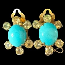 Vintage Bounkit Citrine & Turquoise Clip On Earrings See Description