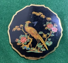 Vtg Gold Stratton Powder Compact  Black Enamel Peacock & Floral Scalloped Edge