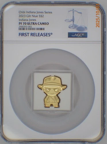 2023 NIUE 1 Oz .999 SILVER $2 GILT CHIBI INDIANA JONES NGC FR PF70UC SN 868