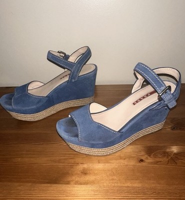 PRADA Damen Keilabsatz Sandalen Blau Wildleder Riemchen Schnalle EU 38