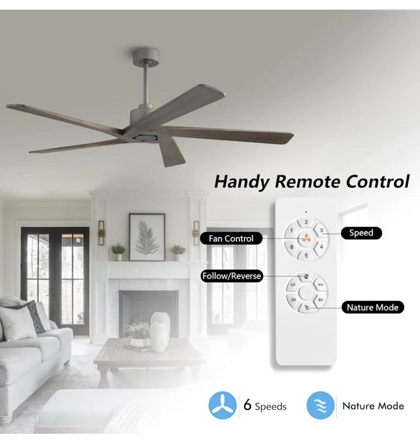 WINGBO 54 In DC Ceiling Fan without Lights 5 Reversible Carved Solid Wood Blades - Image 3 of 4