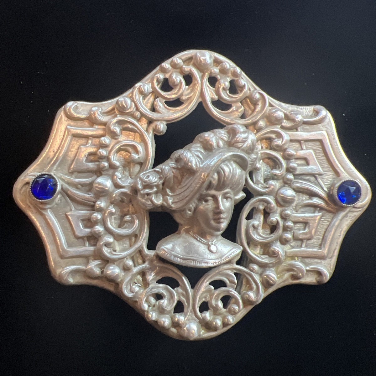 Sterling Art Nouveau Antique Woman In Hat With Blue 